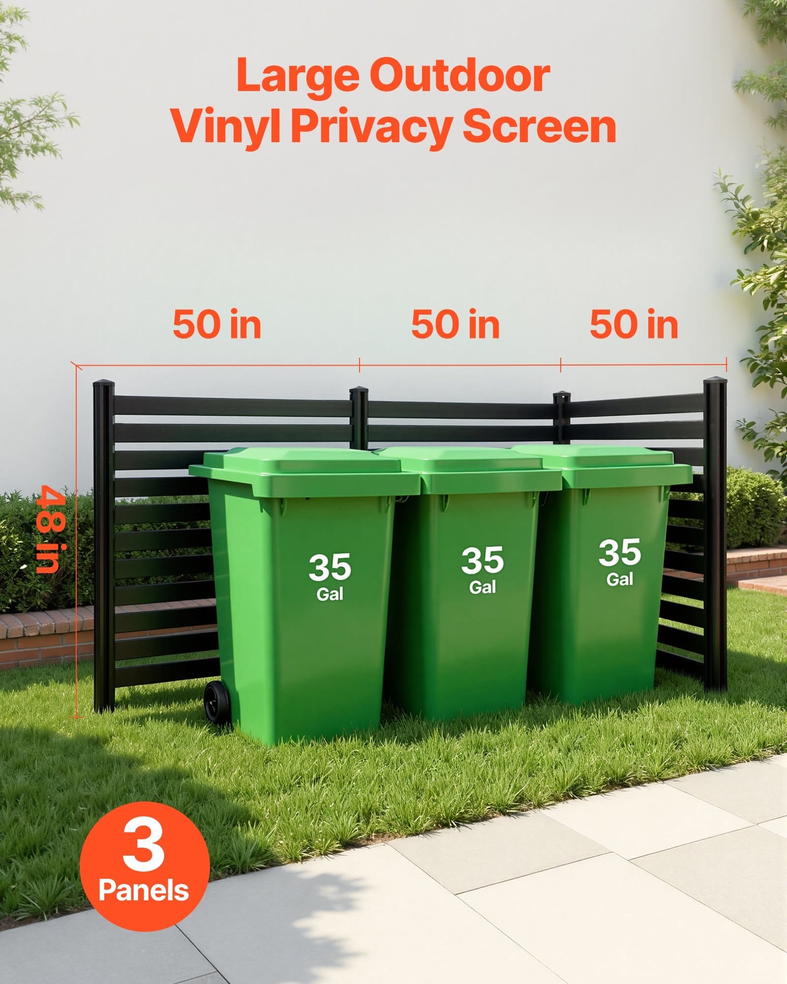 3 Panels Outdoor Privacy Screen, 50 x 48 in Air Conditioner Fence with 27.6 in Ground Stakes, Pool Equipment Enclosure, Vinyl Privacy Fence, Ideal for Trash Can and A/C Units, Black