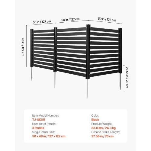 3 Panels Outdoor Privacy Screen, 50 x 48 in Air Conditioner Fence with 27.6 in Ground Stakes, Pool Equipment Enclosure, Vinyl Privacy Fence, Ideal for Trash Can and A/C Units, Black