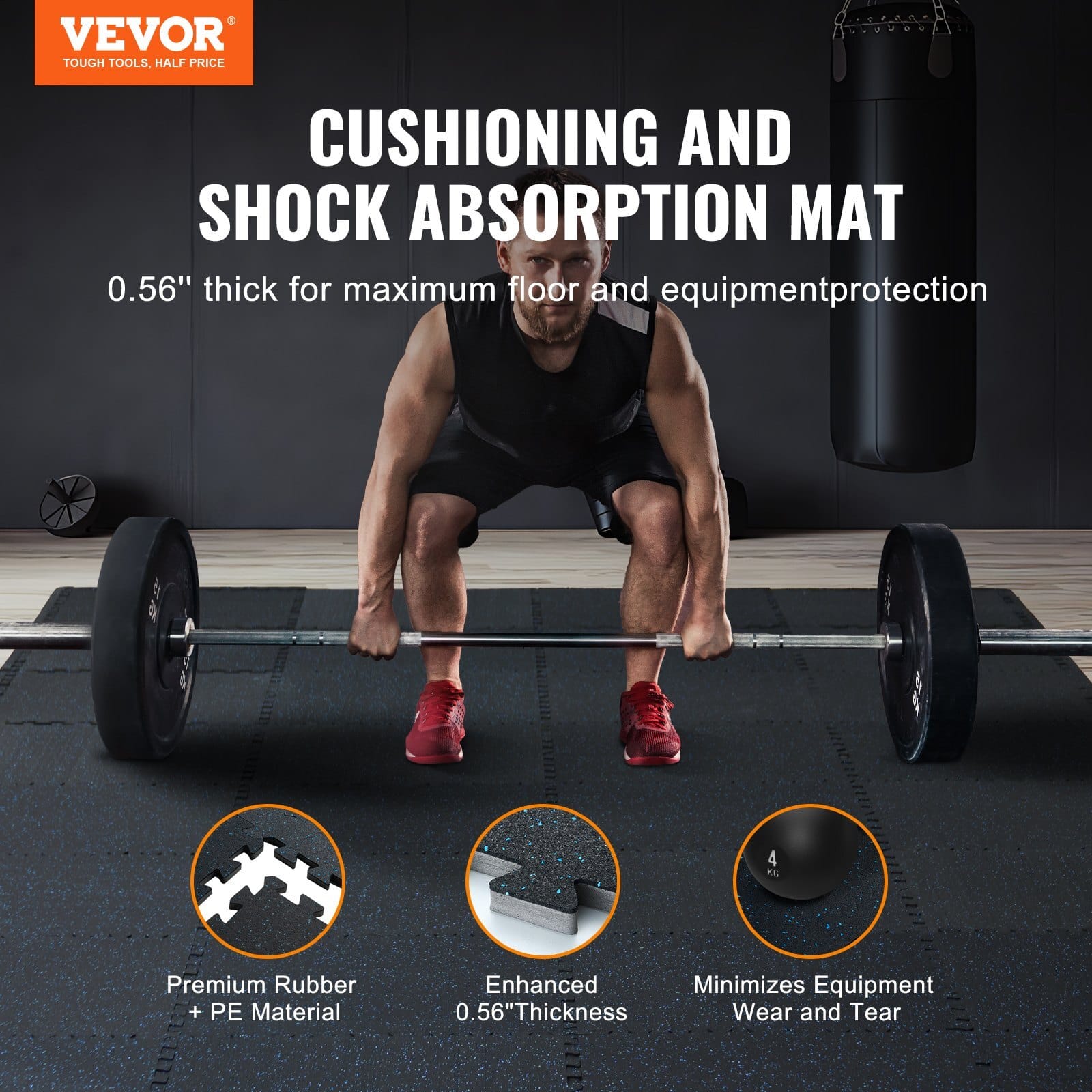 0.56 Inch Thick Gym Floor Mats, 25 Tiles Rubber Top with EVA Foam, 25" x 25" Gym Flooring Workout Mats with 100sq.ft Coverage, Interlocking Puzzle Gym Mats for Gym, Home, Garage, Black & Blue