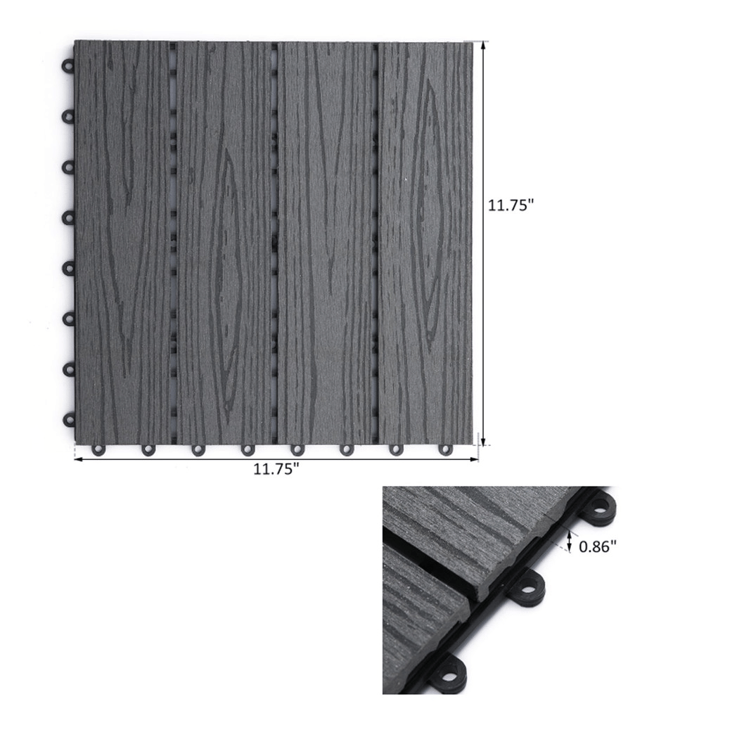 12" x 12" Interlocking Deck Tiles, Pack of 11 Outdoor Flooring Patio Tiles-Grey-AS