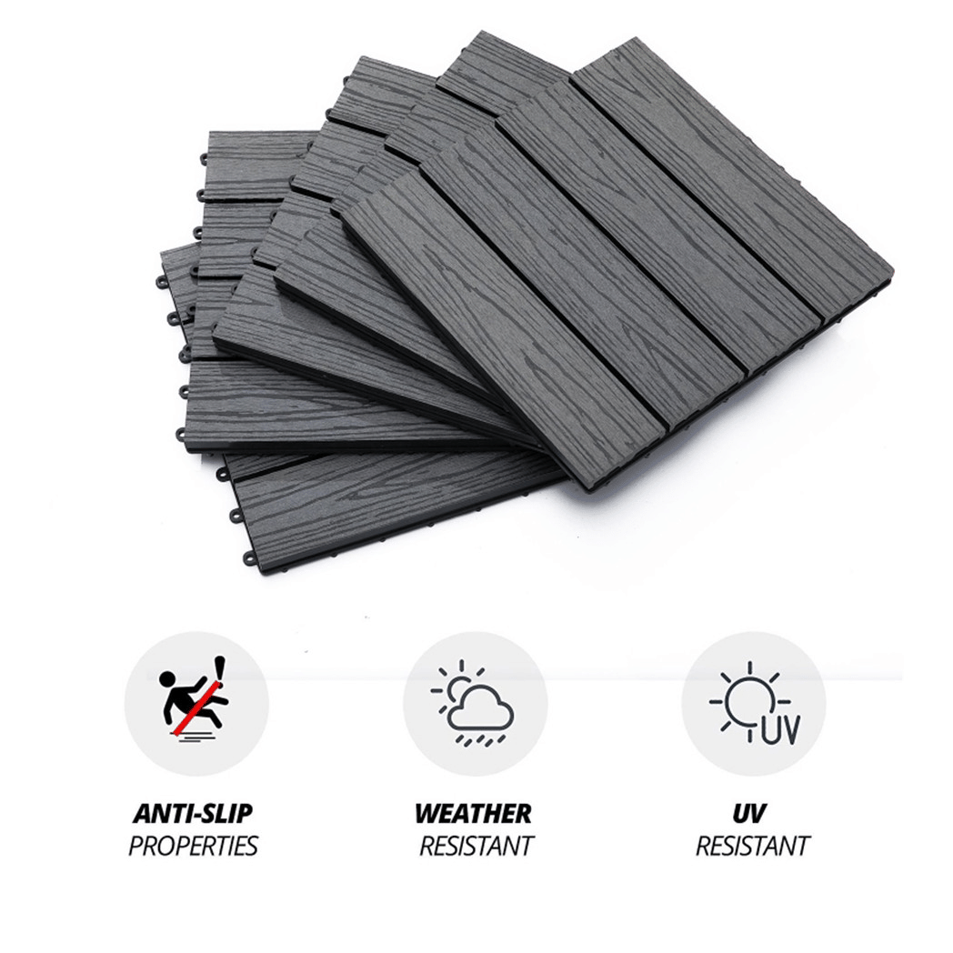 12" x 12" Interlocking Deck Tiles, Pack of 11 Outdoor Flooring Patio Tiles-Grey-AS
