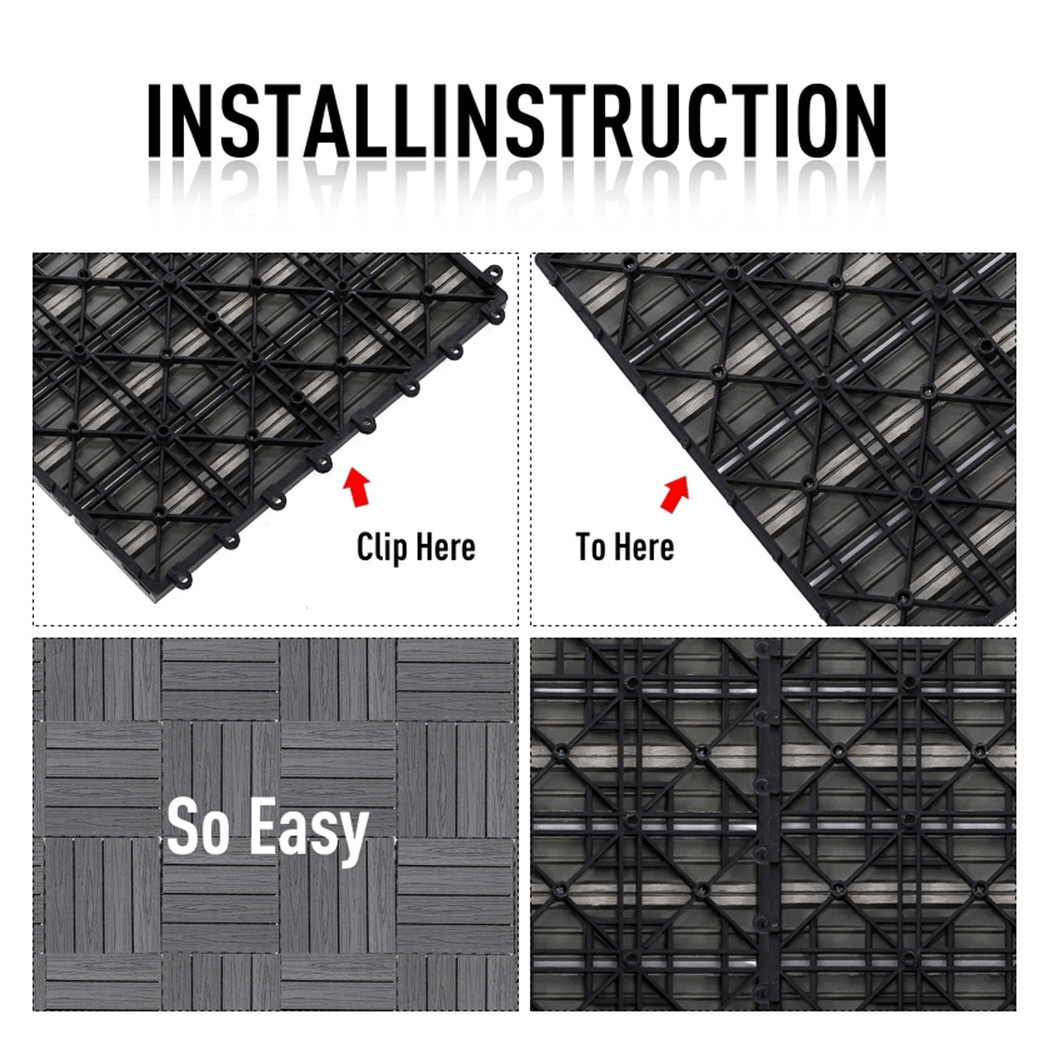 12" x 12" Interlocking Deck Tiles, Pack of 11 Outdoor Flooring Patio Tiles-Grey-AS