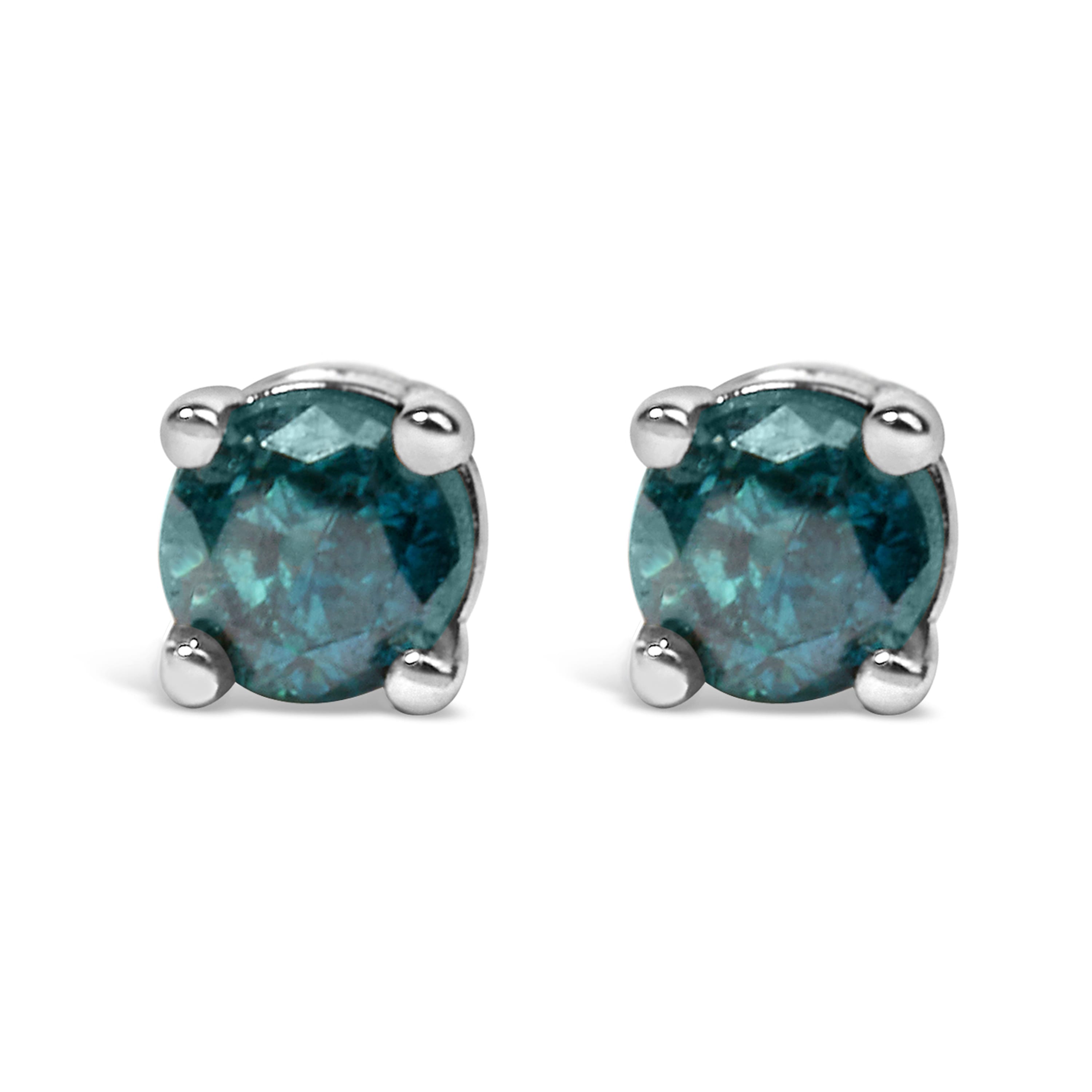 .925 Sterling Silver 0.15 Cttw Round Brilliant-Cut Blue Diamond Classic 4-Prong Stud Earrings (Fancy Color-Enhanced, I2-I3 Clarity)