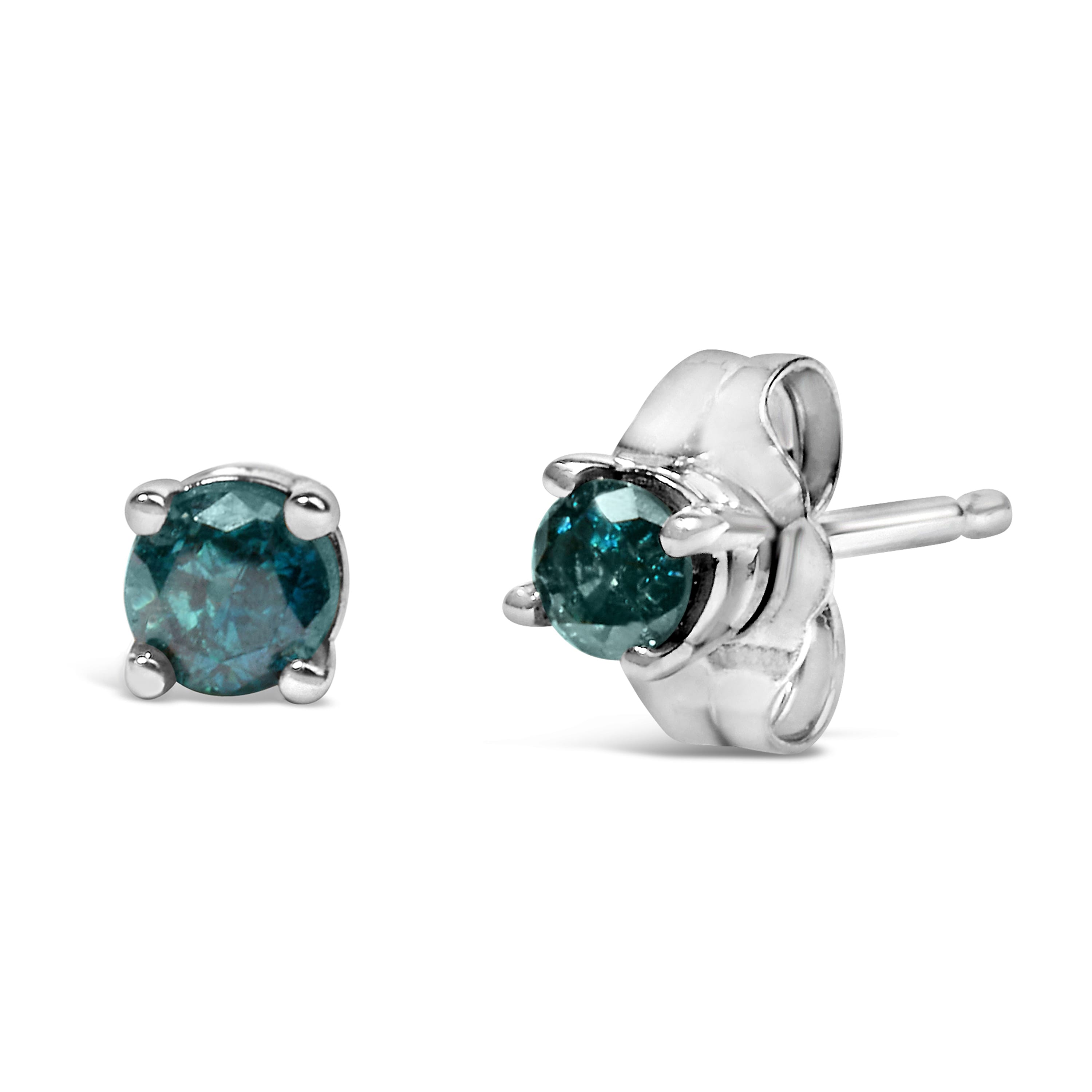 .925 Sterling Silver 0.15 Cttw Round Brilliant-Cut Blue Diamond Classic 4-Prong Stud Earrings (Fancy Color-Enhanced, I2-I3 Clarity)