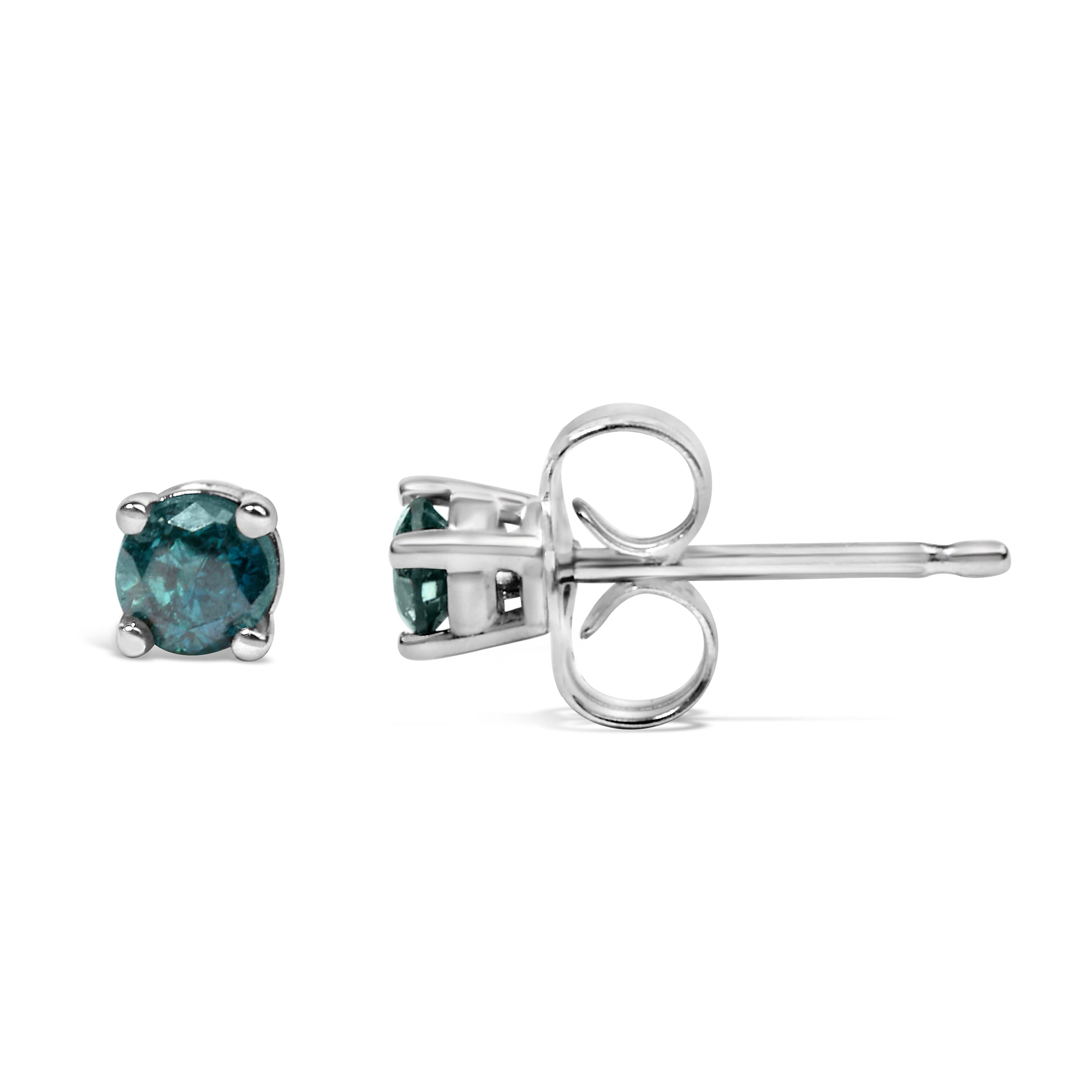 .925 Sterling Silver 0.15 Cttw Round Brilliant-Cut Blue Diamond Classic 4-Prong Stud Earrings (Fancy Color-Enhanced, I2-I3 Clarity)