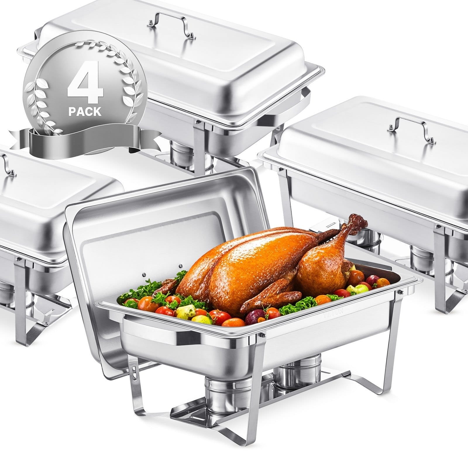 Chafing Dish Buffet Set, 8 Qt 4 Pack, Stainless Steel Chafer with 4 Full Size Pans, Rectangle Catering Warmer Server with Lid Water Pan Stand Fuel Holder, for Weddings Parties Banquets, Silver