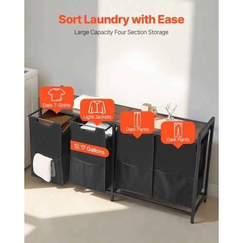 4 Section Laundry Sorter, Large Laundry Hamper with Metal Frame and Wooden Tabletop, Freestanding Storage Organizer Baskets with Pull-Out 600D Oxford Cloth Bags for Dirty Clothes, Bathroom