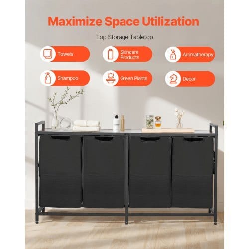 4 Section Laundry Sorter, Large Laundry Hamper with Metal Frame and Wooden Tabletop, Freestanding Storage Organizer Baskets with Pull-Out 600D Oxford Cloth Bags for Dirty Clothes, Bathroom