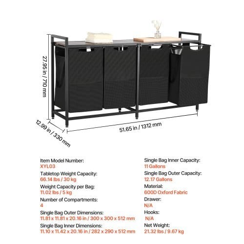 4 Section Laundry Sorter, Large Laundry Hamper with Metal Frame and Wooden Tabletop, Freestanding Storage Organizer Baskets with Pull-Out 600D Oxford Cloth Bags for Dirty Clothes, Bathroom