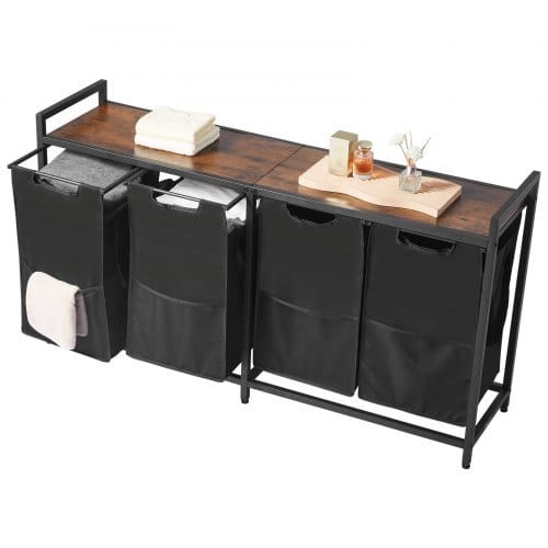 4 Section Laundry Sorter, Large Laundry Hamper with Metal Frame and Wooden Tabletop, Freestanding Storage Organizer Baskets with Pull-Out 600D Oxford Cloth Bags for Dirty Clothes, Bathroom