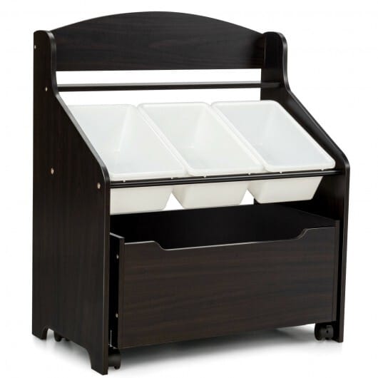 Kids Wooden Toy Storage Unit Organizer with Rolling Toy Box and Plastic Bins-Espresso - Color: Dark Brown