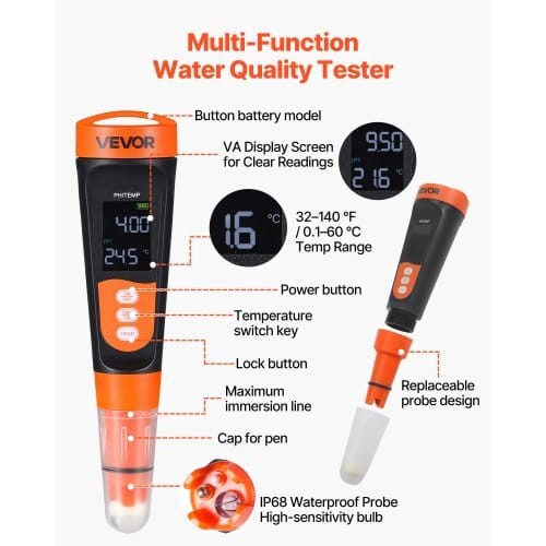 pH Meter, 0-14 pH Range, IP68 Waterproof Probe, Pocket Tester Kit with Calibration Powder Packets, VA Display Screen, for Drinking Water, Hydroponics, and Aquarium Water Quality Testing