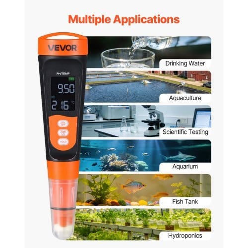 pH Meter, 0-14 pH Range, IP68 Waterproof Probe, Pocket Tester Kit with Calibration Powder Packets, VA Display Screen, for Drinking Water, Hydroponics, and Aquarium Water Quality Testing