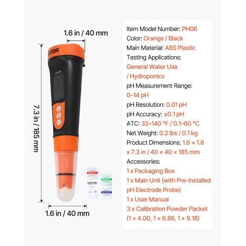 pH Meter, 0-14 pH Range, IP68 Waterproof Probe, Pocket Tester Kit with Calibration Powder Packets, VA Display Screen, for Drinking Water, Hydroponics, and Aquarium Water Quality Testing