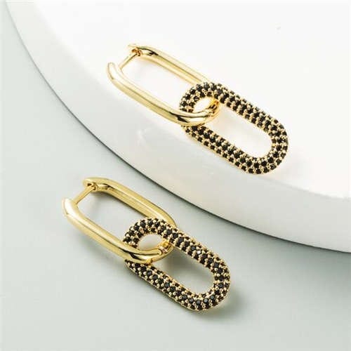 Cubic Zirconia Decorated Linked Hoops Design Women Copper Costume Earrings - Black