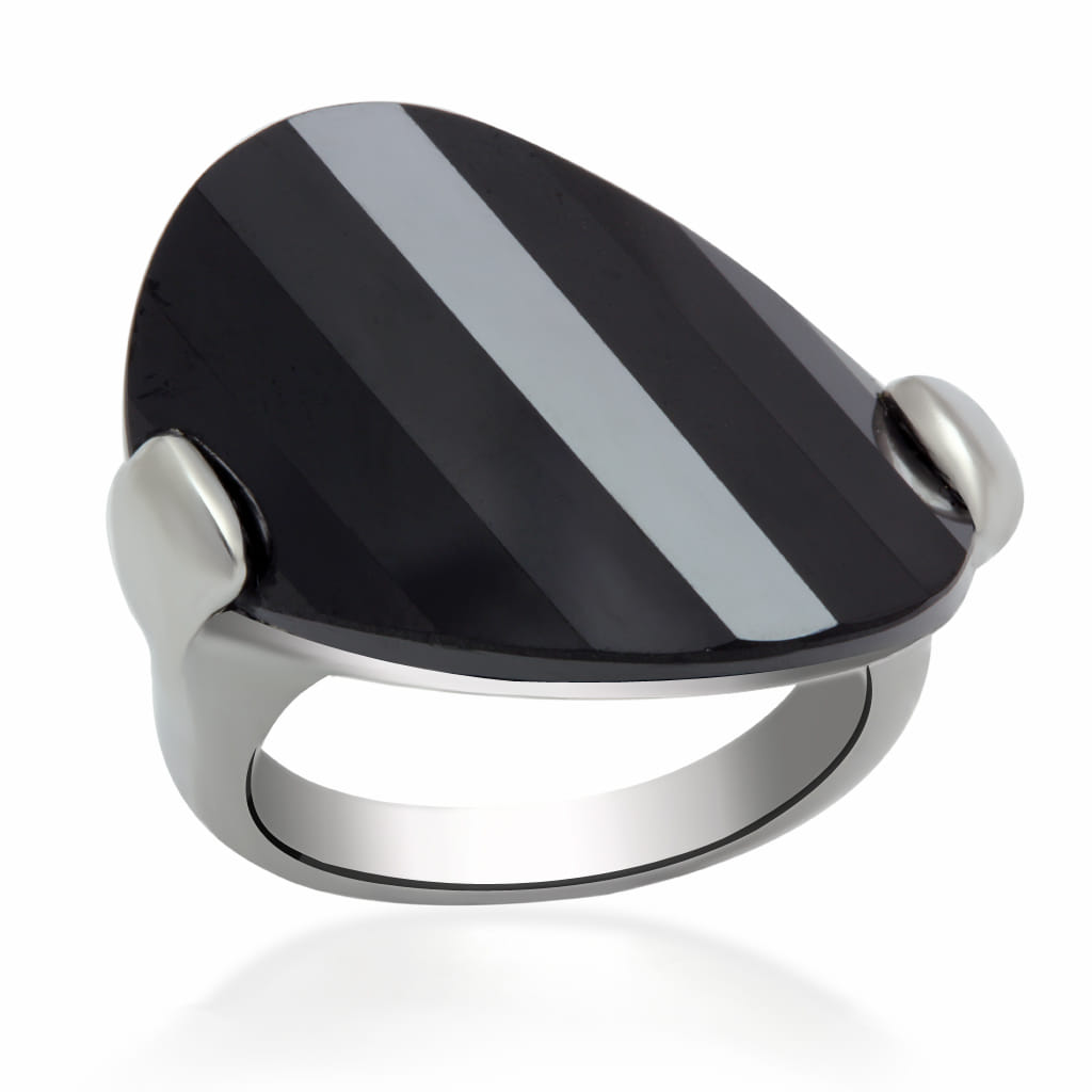 LO2085 - Rhodium Brass Ring with AAA Grade CZ in Jet