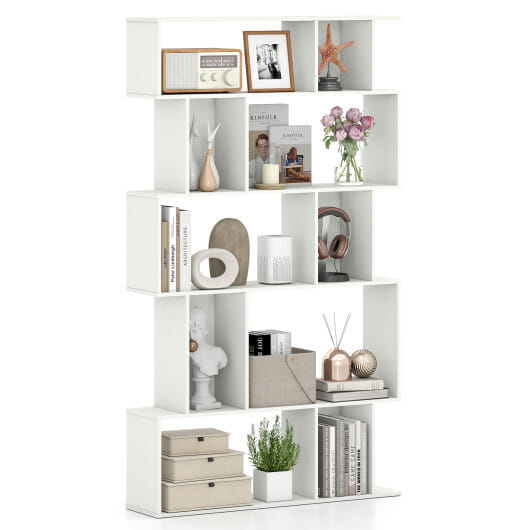 Geometric Bookshelf 5-Tier Bookcase with Open Shelves and Closed-back Cubes-White - Color: White
