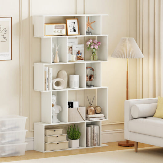 Geometric Bookshelf 5-Tier Bookcase with Open Shelves and Closed-back Cubes-White - Color: White