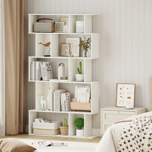 Geometric Bookshelf 5-Tier Bookcase with Open Shelves and Closed-back Cubes-White - Color: White