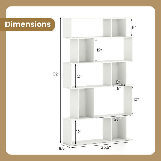 Geometric Bookshelf 5-Tier Bookcase with Open Shelves and Closed-back Cubes-White - Color: White