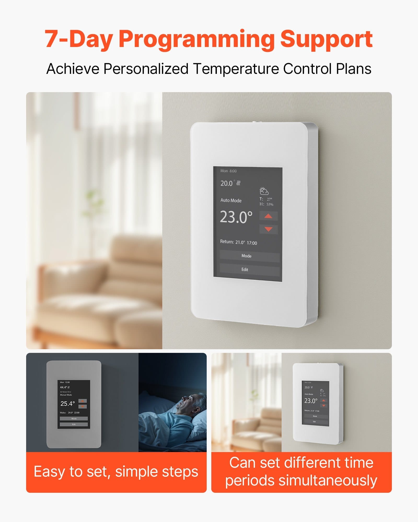 7-Day Programmable Thermostat, Home Thermostats for Radiant Underfloor Heating Cable,Heat Pump with GFCI & Sensitive Sensor,TFT Color Display Touchscreen,Efficient,Gray-White (Without Wifi)