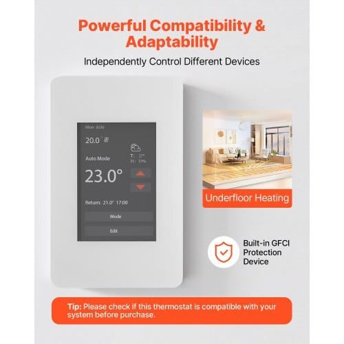 7-Day Programmable Thermostat, Home Thermostats for Radiant Underfloor Heating Cable,Heat Pump with GFCI & Sensitive Sensor,TFT Color Display Touchscreen,Efficient,Gray-White (Without Wifi)