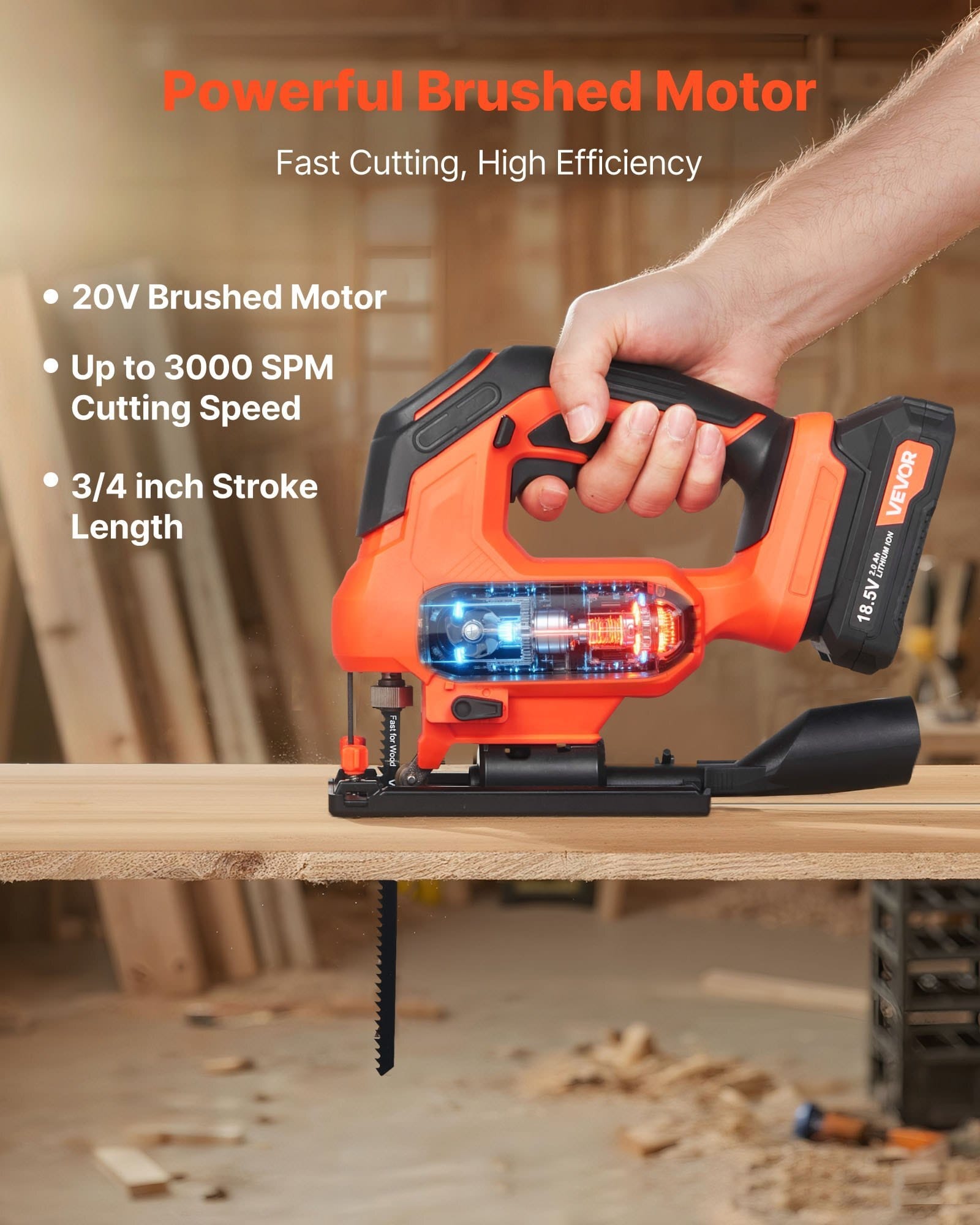 Cordless Jig Saw, 20 V, 3000 SPM Blade Speed, Cordless Jigsaw with Battery and Charger, LED Light, 6 Variable Speed, 0- 45?° Bevel Cuts, with 6 pcs Blades, 4 Orbital Settings, for Wood, Metal