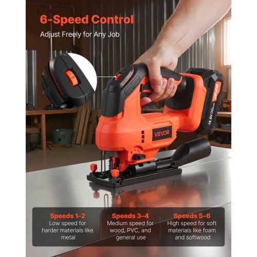 Cordless Jig Saw, 20 V, 3000 SPM Blade Speed, Cordless Jigsaw with Battery and Charger, LED Light, 6 Variable Speed, 0- 45?° Bevel Cuts, with 6 pcs Blades, 4 Orbital Settings, for Wood, Metal