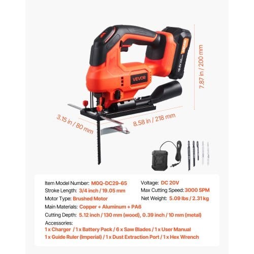 Cordless Jig Saw, 20 V, 3000 SPM Blade Speed, Cordless Jigsaw with Battery and Charger, LED Light, 6 Variable Speed, 0- 45?° Bevel Cuts, with 6 pcs Blades, 4 Orbital Settings, for Wood, Metal