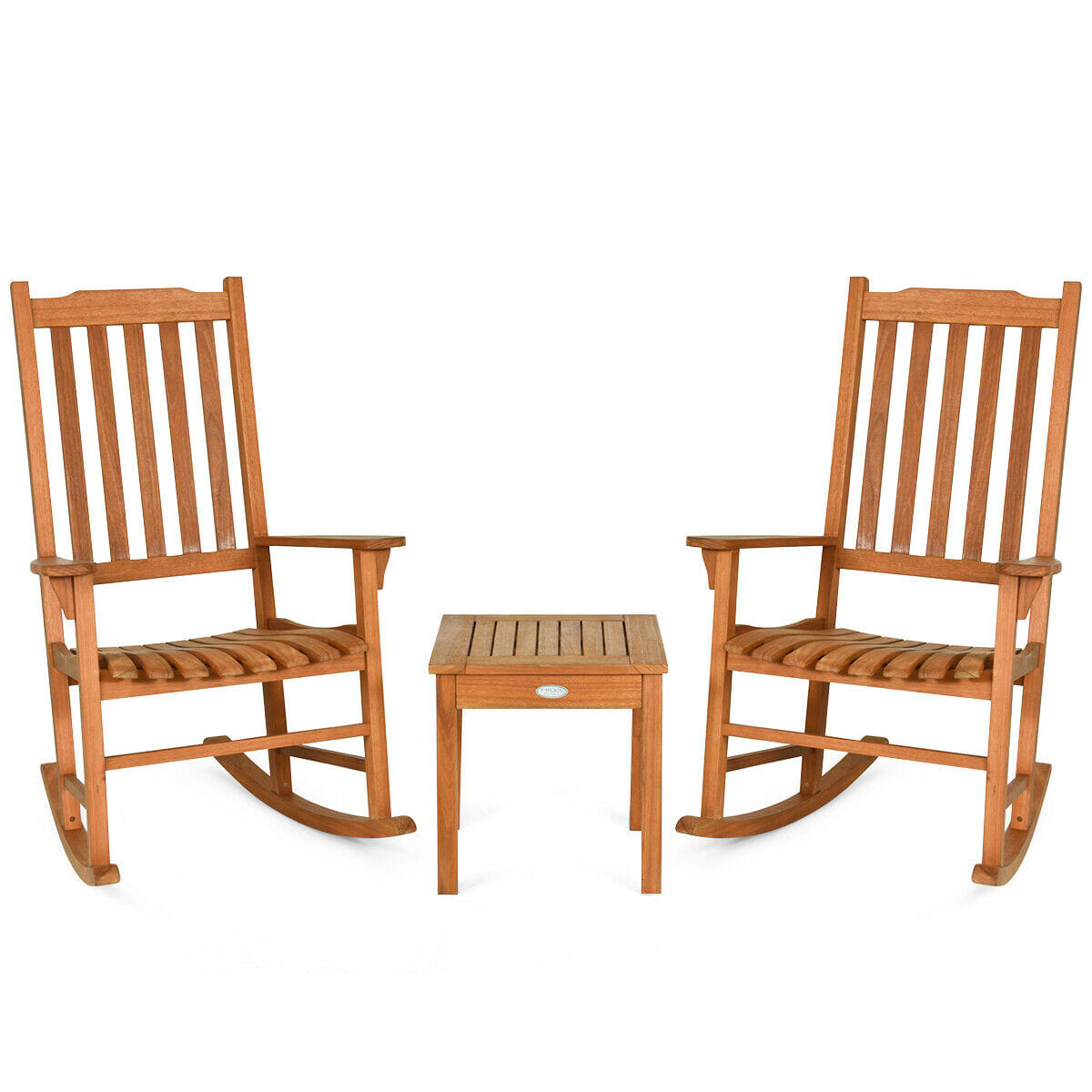 3 Pieces Eucalyptus Rocking Chair Set with Coffee Table - Color: Natural