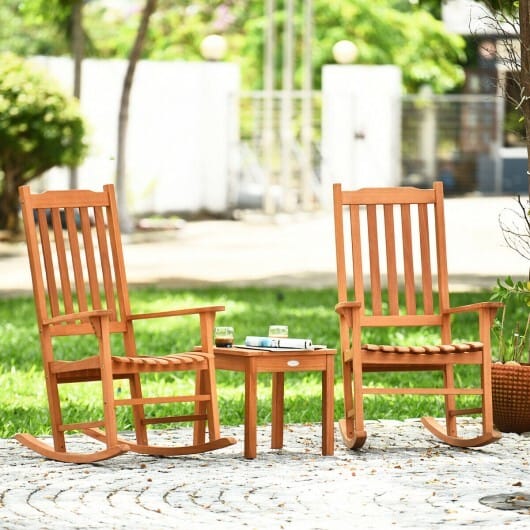 3 Pieces Eucalyptus Rocking Chair Set with Coffee Table - Color: Natural