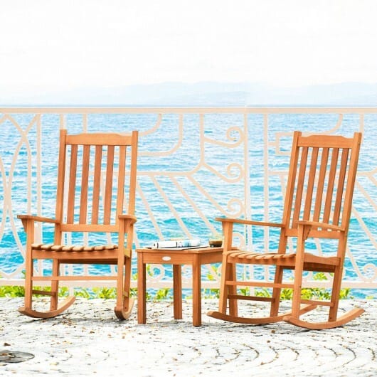 3 Pieces Eucalyptus Rocking Chair Set with Coffee Table - Color: Natural