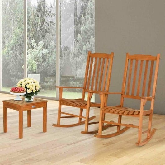 3 Pieces Eucalyptus Rocking Chair Set with Coffee Table - Color: Natural