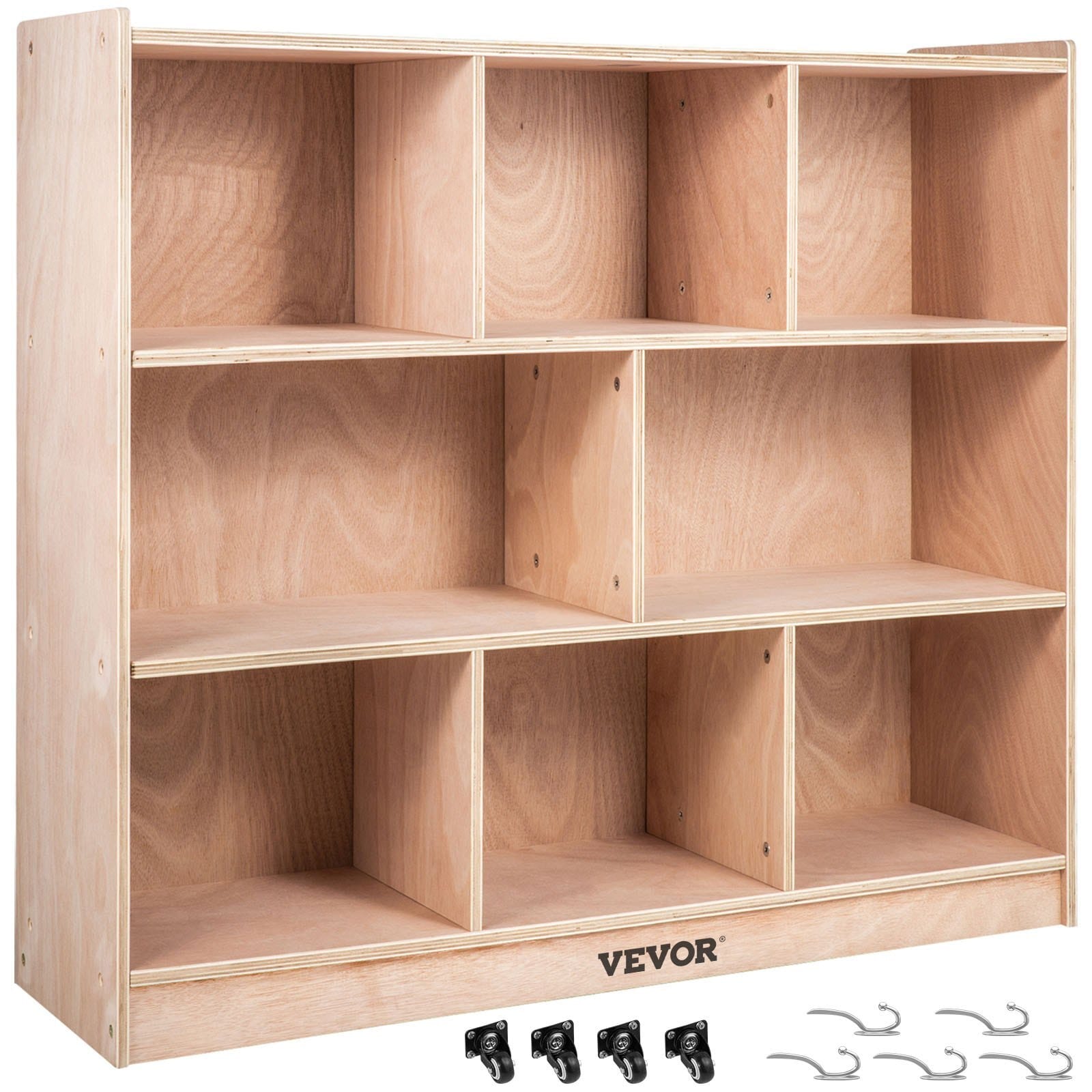 Cubby Mobile Tray Storage Cabinet, 8-Compartment Cubby Storage Shelf, Cubby Storage Cabinet 3-shelf, Classroom Cubbies, Classroom Furniture for Home, Daycare and Preschool, Natural
