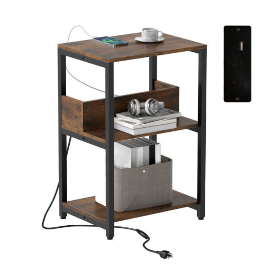 Costway Side End Table with Charging Station and Open Shelves-Rustic Brown - Color: Rustic Brown