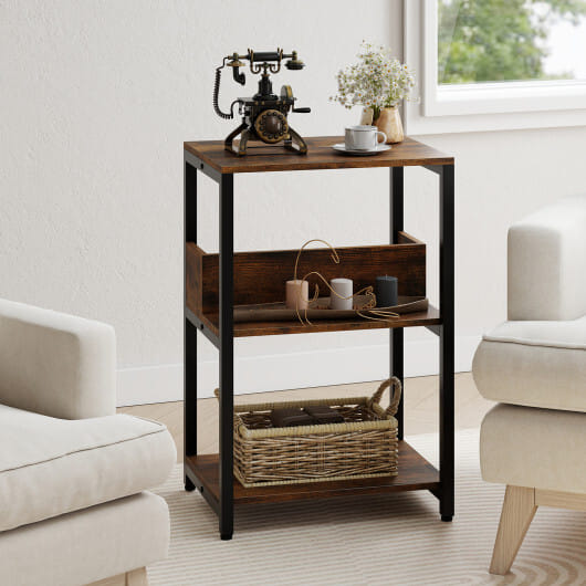 Costway Side End Table with Charging Station and Open Shelves-Rustic Brown - Color: Rustic Brown