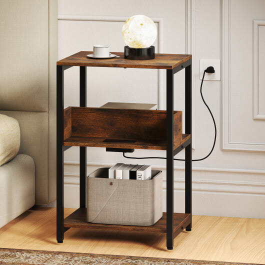 Costway Side End Table with Charging Station and Open Shelves-Rustic Brown - Color: Rustic Brown
