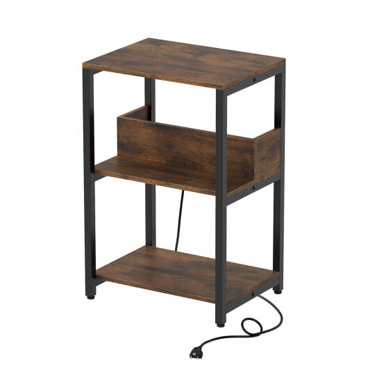Costway Side End Table with Charging Station and Open Shelves-Rustic Brown - Color: Rustic Brown