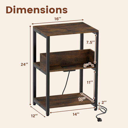 Costway Side End Table with Charging Station and Open Shelves-Rustic Brown - Color: Rustic Brown