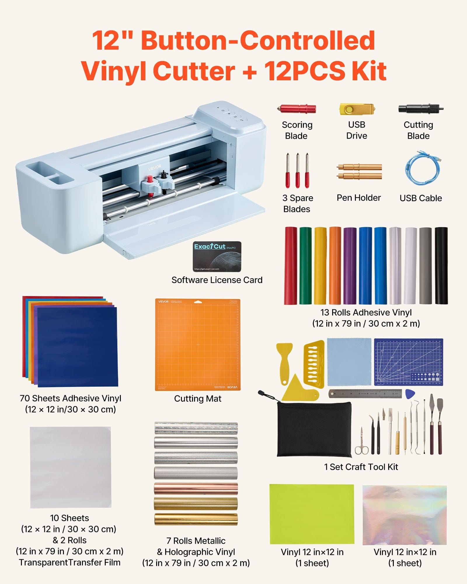 Vinyl Cutting Machine, 12 in, Button-Controlled Vinyl Cutter with Materials and Tool Kit, 5000+ Built-in Design Resources, Compatible with Mac, Windows, Android and iOS, for Customized Cards