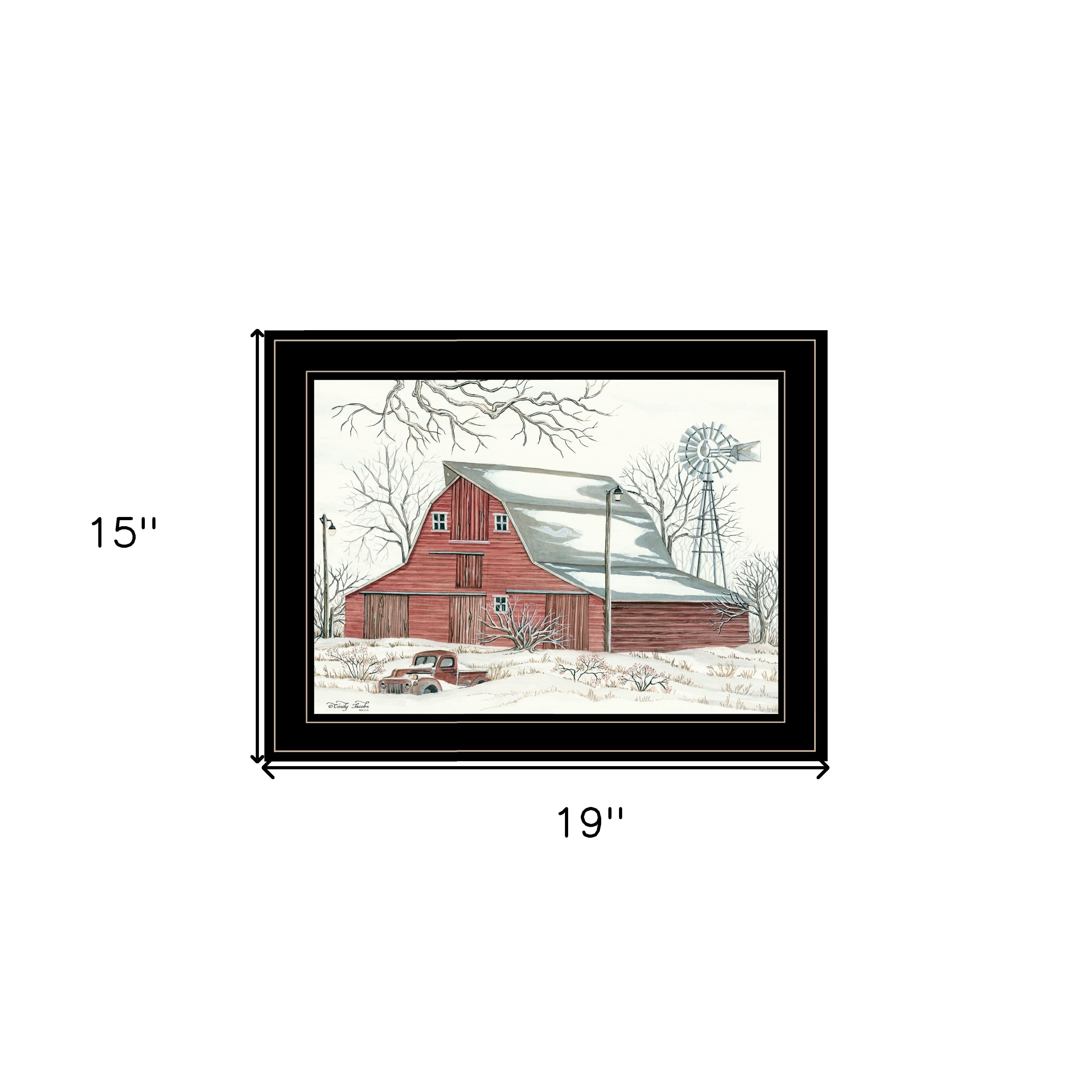 Winter Barn with Pickup Truck 2 Black Framed Print Wall Art