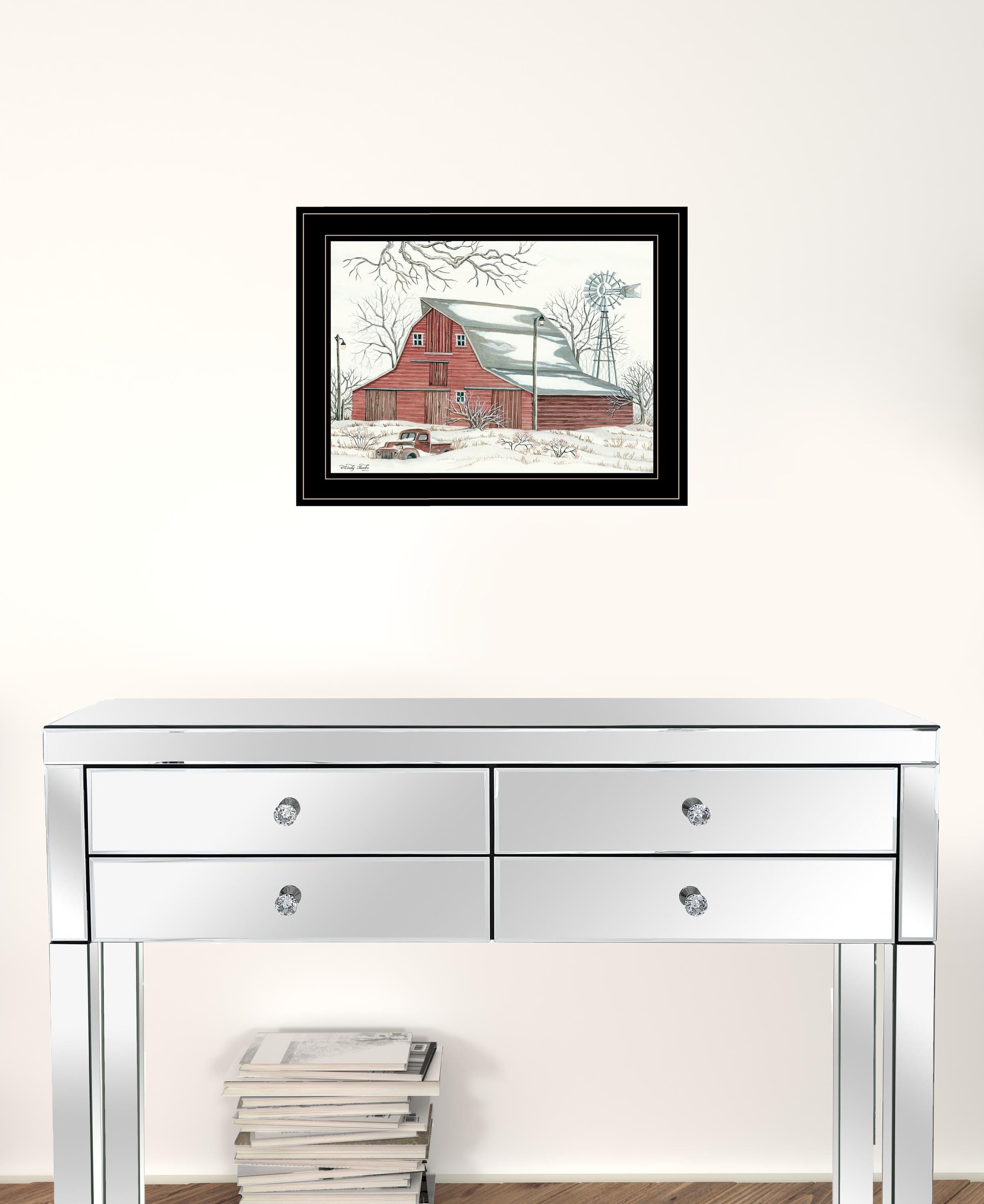 Winter Barn with Pickup Truck 2 Black Framed Print Wall Art