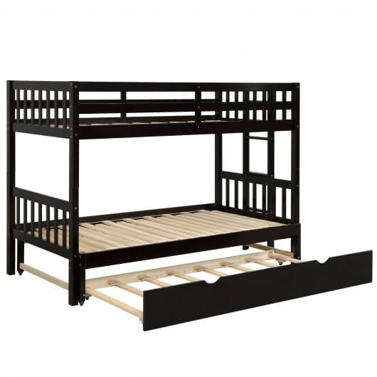 Twin Pull-Out Bunk Bed with Trundle Wooden Ladder-Espresso
