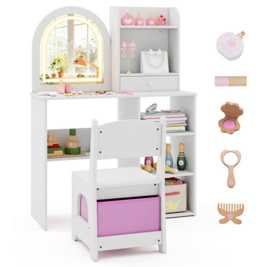 Kids Vanity Set Princess Girls Makeup Vanity Desk with Chair and 3-Color LED Lighted Mirror-White - Color: White