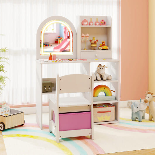 Kids Vanity Set Princess Girls Makeup Vanity Desk with Chair and 3-Color LED Lighted Mirror-White - Color: White