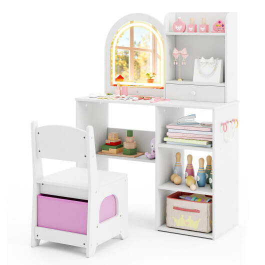 Kids Vanity Set Princess Girls Makeup Vanity Desk with Chair and 3-Color LED Lighted Mirror-White - Color: White