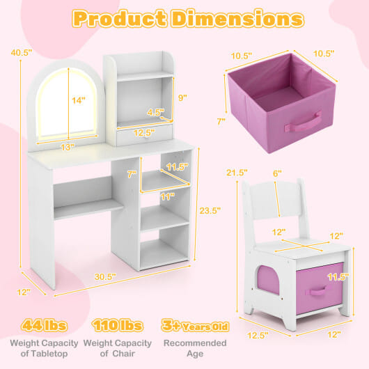 Kids Vanity Set Princess Girls Makeup Vanity Desk with Chair and 3-Color LED Lighted Mirror-White - Color: White