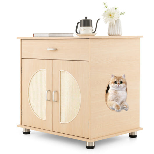 Cat Litter Box Enclosure with Sisal Scratching Doors and Storage-Natural