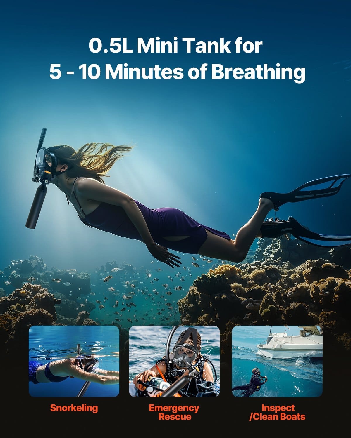 Scuba Tank, 0.5L Portable Diving Tank, Diving Oxygen Cylinder Support 5-10 Minutes Underwater Breathing, 32.81 ft Diving Depth, Refillable Snorkel Air Tank with Pump for Underwater Exploration