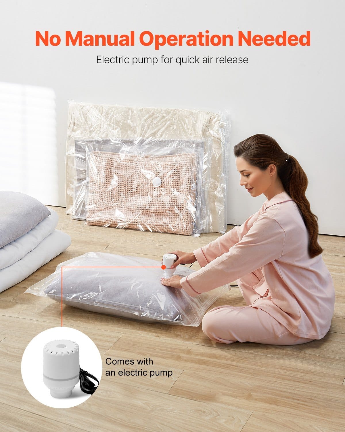 Vacuum Storage Bags, 15 Pack Space Saver Seal Bag(3 Jumbo/3 Large/3 Medium/3 Small/3 Roll), Compression Airtight Zipper Space Bags with Electric Pump, for Cloth, Bedding, Blanket, Pillow, Travel